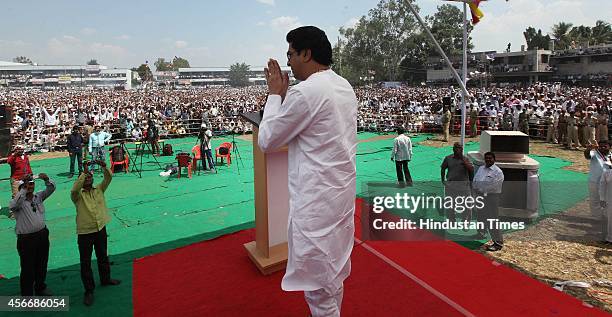 Maharashtra Navnirman Sena chief Raj Thackeray during the 2014 State Assembly Elections campaign rally at Nilanga Latur District on October 4, 2014...