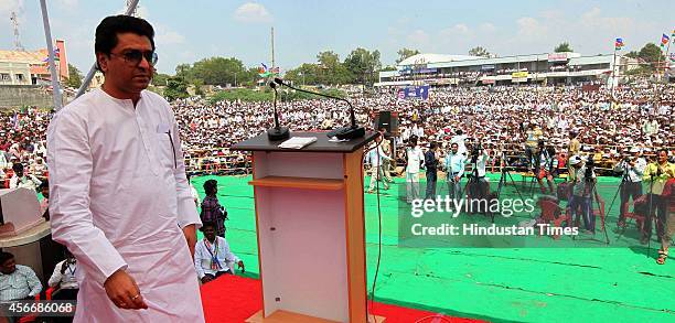 Maharashtra Navnirman Sena chief Raj Thackeray during the 2014 State Assembly Elections campaign rally at Nilanga Latur District on October 4, 2014...