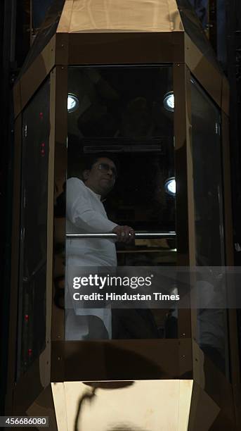 Maharashtra Navnirman Sena chief Raj Thackeray before the 2014 State Assembly Elections campaign rally at Hotel Grand on October 4, 2014 in Latur ,...