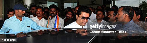 Maharashtra Navnirman Sena chief Raj Thackeray before the 2014 State Assembly Elections campaign rally at Hotel Grand on October 4, 2014 in Latur ,...