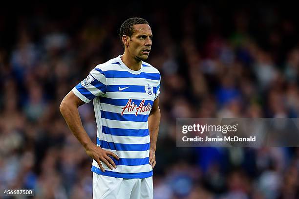 Rio Ferdinand of QPR reacts during the Barclays Premier League match between West Ham United and Queens Park Rangers at Boleyn Ground on October 5,...