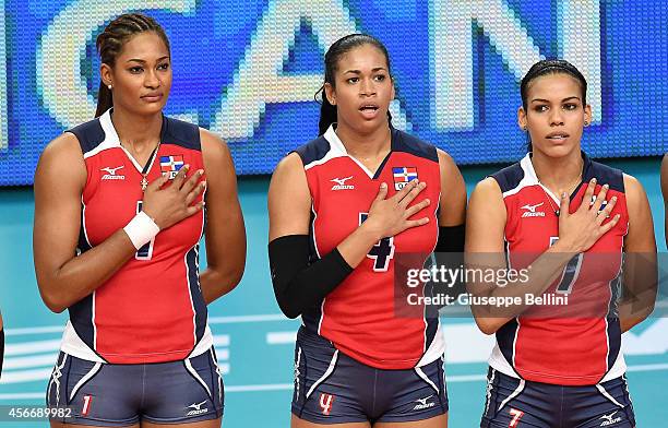Victoria Vargas,Marianne Fersola and Niverka Marte of Dominican Republic before the FIVB Women's World Championship pool E match between Dominican...
