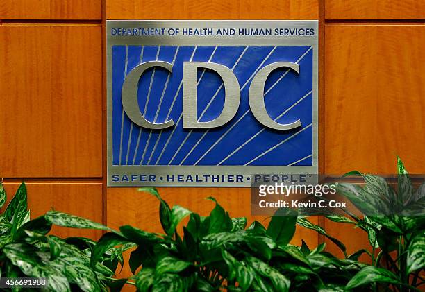 Podium with the logo for the Centers for Disease Control and Prevention at the Tom Harkin Global Communications Center on October 5, 2014 in Atlanta,...