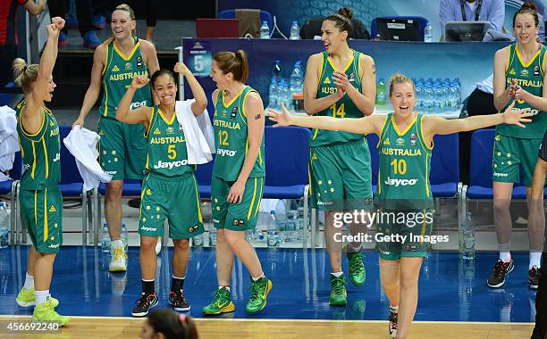Australia's players celebrate their win agaist Turkey in the 2014 FIBA Women's World Championships 3rd place basketball match at Fenerbahce Ulker...