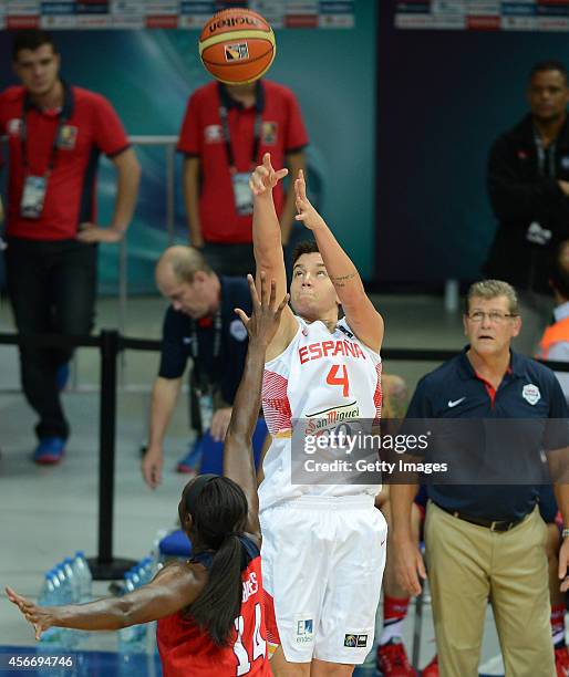 Laura Nicholls of Spain jumps for a shoot during the 2014 FIBA Women's World Championships final basketball match between Spain and USA at Fenerbahce...