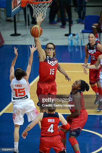 S Brittney Griner is in action with Sancho Lyttle of Spain during the 2014 FIBA Women's World Championships final basketball match between Spain and...