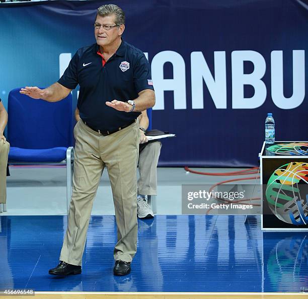 S head coach Geno Auriemma reacts during the 2014 FIBA Women's World Championships final basketball match between Spain and USA at Fenerbahce Ulker...