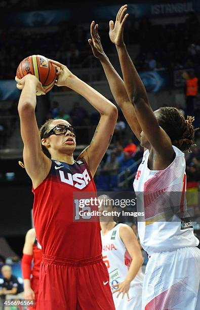 S Brittney Griner is in action with Sancho Lyttle of Spain during the 2014 FIBA Women's World Championships final basketball match between Spain and...