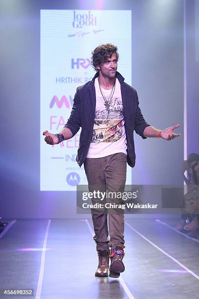 Hrithik Roshan walks the runway during day 3 of Myntra Fashion Weekend 2014 at The Palladium Hotel on October 5, 2014 in Mumbai, India