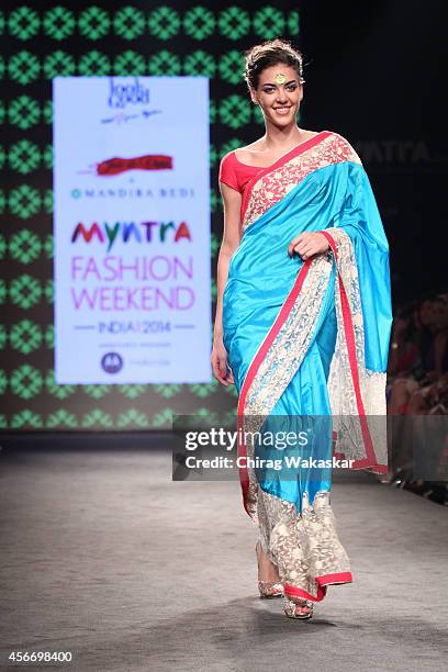 Model showcases designs by Mandira Bedi during day 3 of Myntra Fashion Weekend 2014 at The Palladium Hotel on October 5, 2014 in Mumbai, India