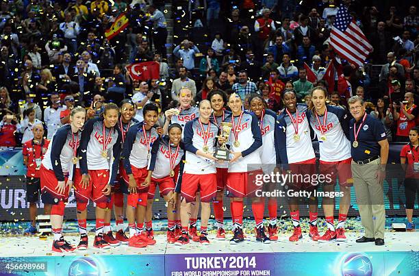 Holds up the trophy after winning their 2014 FIBA Women's World Championships at the final basketball match between Spain and USA at Fenerbahce Ulker...