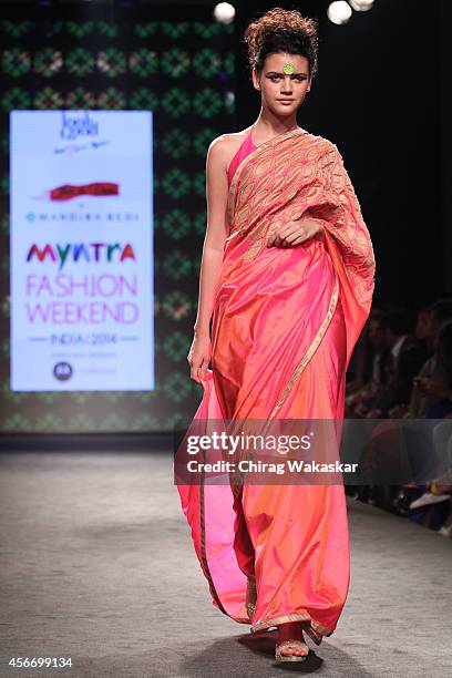 Model showcases designs by Mandira Bedi during day 3 of Myntra Fashion Weekend 2014 at The Palladium Hotel on October 5, 2014 in Mumbai, India