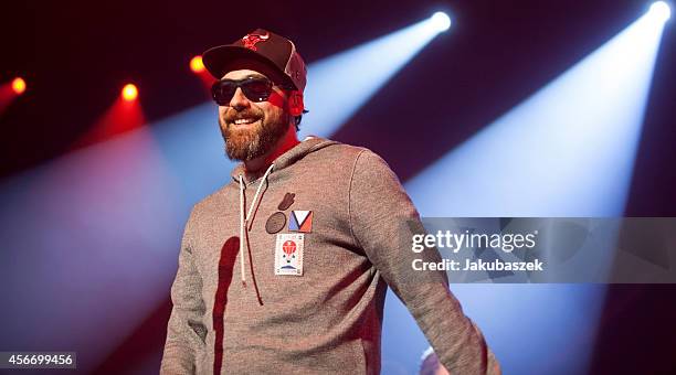 German rapper Sido performs live during a concert together with singer Marius Mueller Westernhagen at the Black Box Music Hall on October 5, 2014 in...