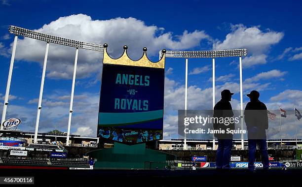 Ned Yost of the Kansas City Royals looks on prior to Game Three of the American League Division Series against the Los Angeles Angels at Kauffman...