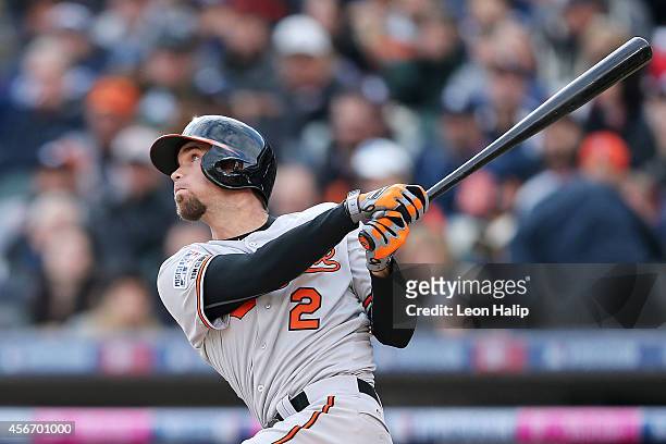 Of the Baltimore Orioles flies out in the fourth inning against the Detroit Tigers during Game Three of the American League Division Series at...
