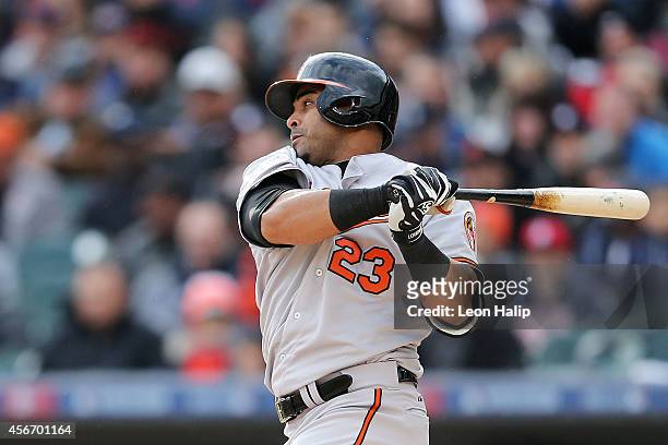 Nelson Cruz of the Baltimore Orioles hits a single in the fourth inning against the Detroit Tigers during Game Three of the American League Division...