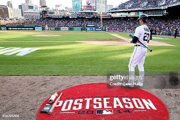 Andrew Romine of the Detroit Tigers stands on deck during Game Three of the American League Division Series against the Baltimore Orioles at Comerica...