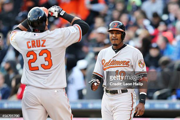Nelson Cruz of the Baltimore Orioles celebrates with Adam Jones after hitting a two-run home run in the sixth inning against the Detroit Tigers...