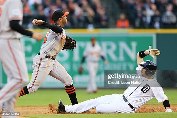 Nick Castellanos of the Detroit Tigers is forced out at second by Jonathan Schoop of the Baltimore Orioles in the seventh inning during Game Three of...
