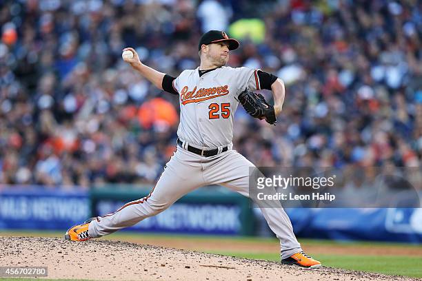 Bud Norris of the Baltimore Orioles pitches in the seventh inning against the Detroit Tigers during Game Three of the American League Division Series...
