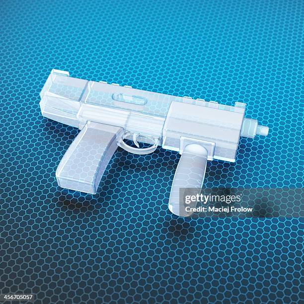 transparent assault weapon - model blue background stock illustrations