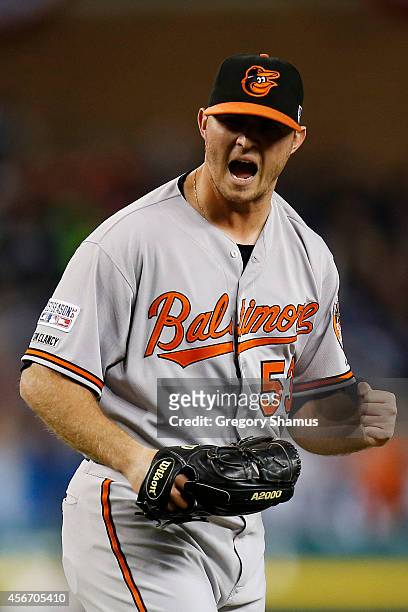 Zach Britton of the Baltimore Orioles celebrates their 2 to 1 win over the Detroit Tigers to sweep the series in Game Three of the American League...