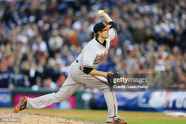 Andrew Miller of the Baltimore Orioles pitches in the eighth inning against the Detroit Tigers during Game Three of the American League Division...