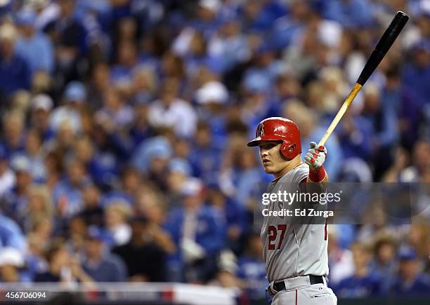 Mike Trout of the Los Angeles Angels bats against the Kansas City Royals during Game Three of the American League Division Series at Kauffman Stadium...