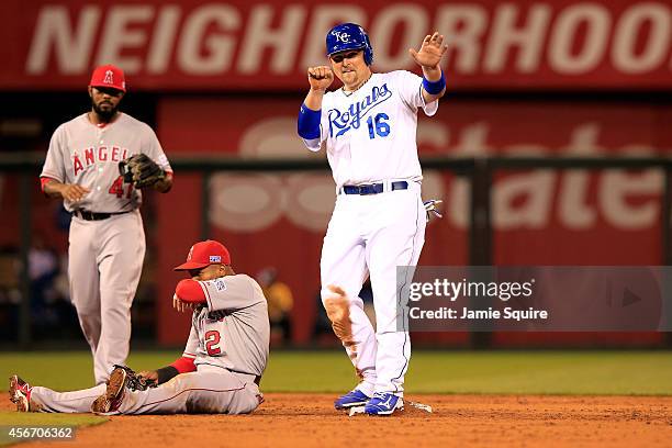 Billy Butler of the Kansas City Royals reacts after stealing second base against Erick Aybar of the Los Angeles Angels in the third inning during...
