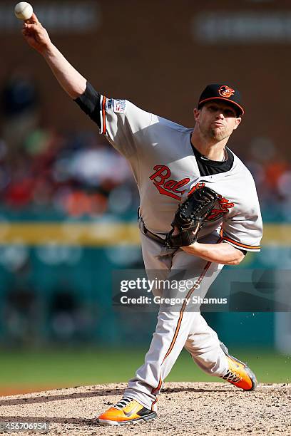 Bud Norris of the Baltimore Orioles pitches against the Detroit Tigers during Game Three of the American League Division Series at Comerica Park on...