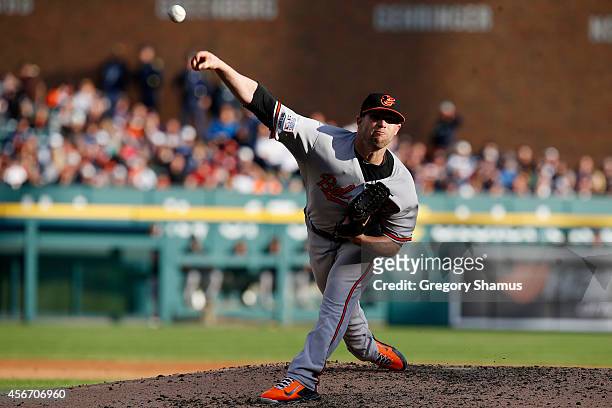 Bud Norris of the Baltimore Orioles pitches against the Detroit Tigers during Game Three of the American League Division Series at Comerica Park on...
