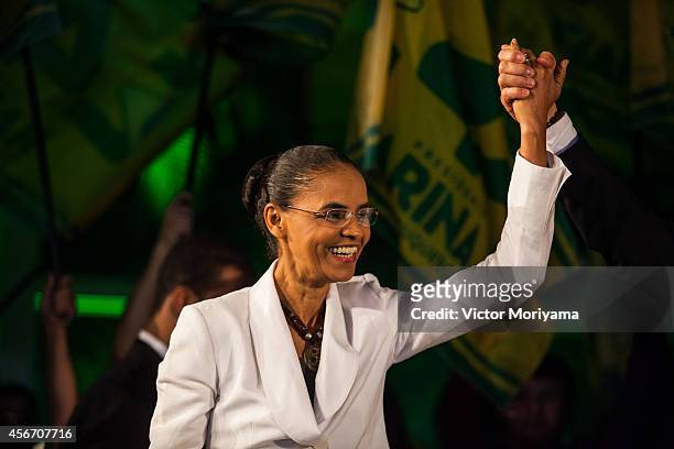 Brazilian candidate for President Marina Silva speaks during a press conference at the Brazilian Socialist Party on October 5, 2014 in Sao Paulo,...