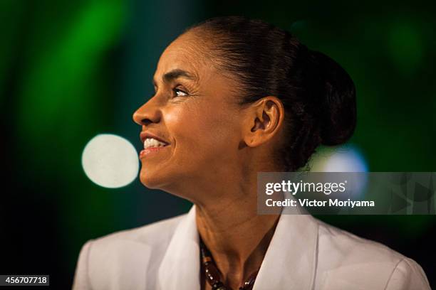 Brazilian candidate for President Marina Silva speaks during a press conference at the Brazilian Socialist Party on October 5, 2014 in Sao Paulo,...