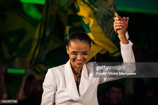 Brazilian candidate for President Marina Silva speaks during a press conference at the Brazilian Socialist Party on October 5, 2014 in Sao Paulo,...