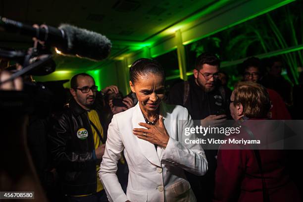 Brazilian candidate for President Marina Silva attends a press conference at the Brazilian Socialist Party on October 5, 2014 in Sao Paulo, Brazil....