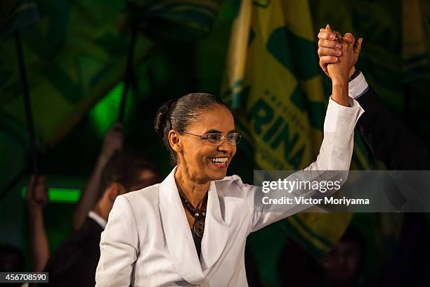 Brazilian candidate for President Marina Silva speaks during a press conference at the Brazilian Socialist Party on October 5, 2014 in Sao Paulo,...