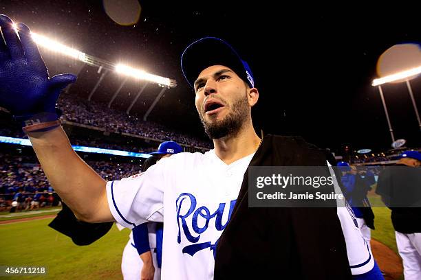 Eric Hosmer of the Kansas City Royals celebrates on the field after defeating the Los Angeles Angels 8-3 in Game Three of the American League...