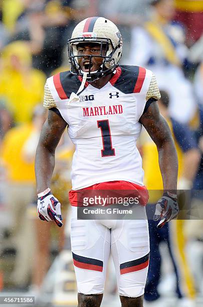 Stefon Diggs of the Maryland Terrapins celebrates after a 77 yard touchdown against the West Virginia Mountaineers at Byrd Stadium on September 13,...