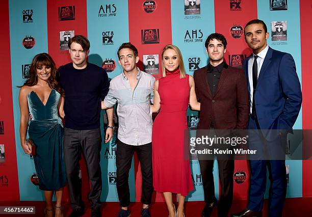 Actors Lea Michele, Chord Overstreet, Kevin McHale, Becca Tobin, Darren Criss and Jacob Artist attend the premiere screening of FX's "American Horror...