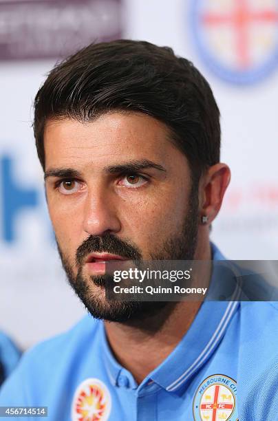 David Villa of Melbourne City speaks to the media during a Melbourne City Football Club Press Conference at AAMI Park on October 6, 2014 in...