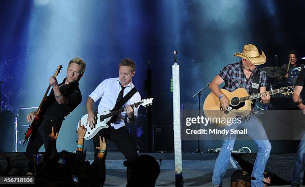 Tully Kennedy, Kurt Allison, Jason Aldean and Rich Redmond perform during the Route 91 Harvest country music festival at the MGM Resorts Village on...