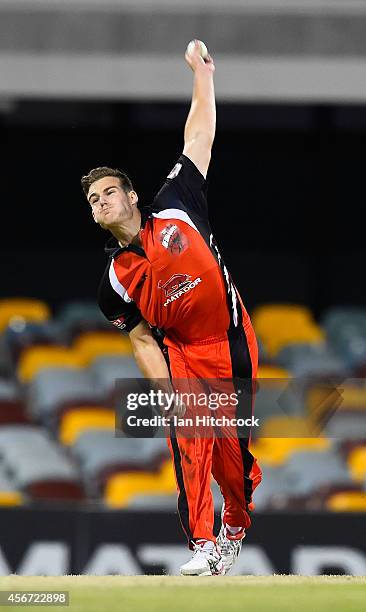 Nick Winter of the Redbacks bowls during the Matador BBQs One Day Cup match between Victoria and South Australia at The Gabba on October 6, 2014 in...