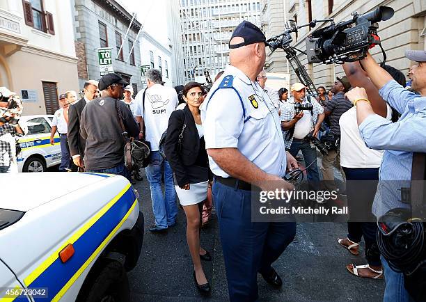 Anni Dewani's sister Ami Denborg arrives at the Western Cape High Court for the start of the trial of Shrien Dewani, on October 6, 2014 in Cape Town,...