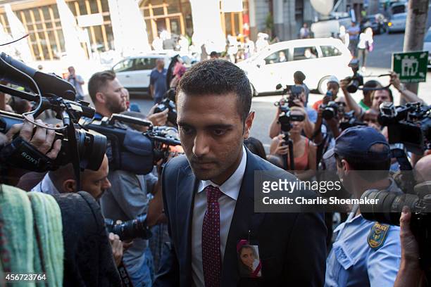 Anish Hindocha, the brother of Anni Dewani, arrives at the Western Cape High Court for the start of the trial of Shrien Dewani on October 6, 2014 in...