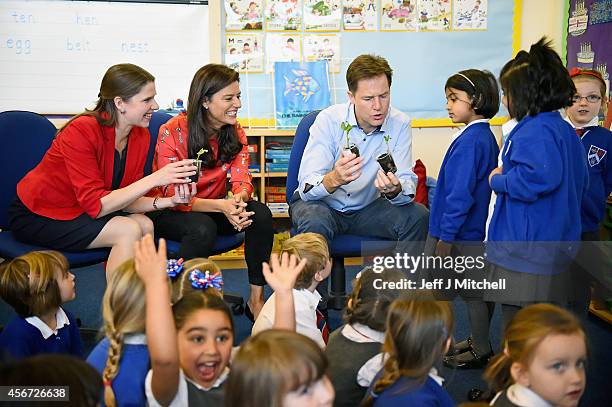 Deputy Prime Minister Nick Clegg, his wife Miriam Gonzalez Durantez and Jo Swinson MP visit Castlehill Primary School on October 6, 2014 in Glasgow,...