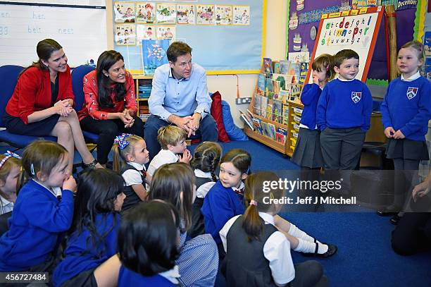 Deputy Prime Minister Nick Clegg, his wife Miriam Gonzalez Durantez and Jo Swinson MP visit Castlehill Primary School on October 6, 2014 in Glasgow,...