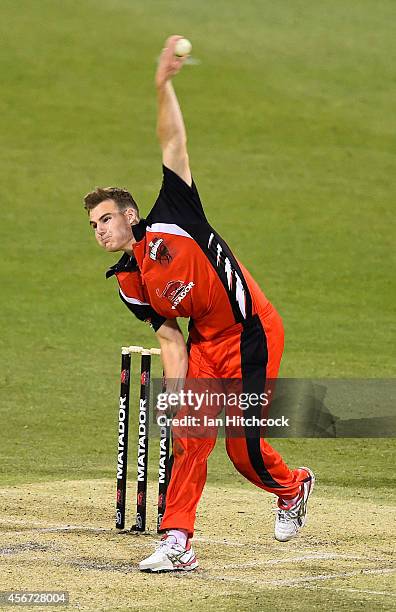 Nick Winter of the Redbacks bowls during the Matador BBQs One Day Cup match between Victoria and South Australia at The Gabba on October 6, 2014 in...