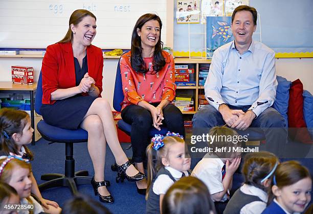 Deputy Prime Minister Nick Clegg, his wife Miriam Gonzalez Durantez and Jo Swinson MP visit Castlehill Primary School on October 6, 2014 in Glasgow,...