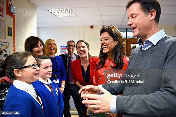 Deputy Prime Minister Nick Clegg, his wife Miriam Gonzalez Durantez and Jo Swinson MP visit Castlehill Primary School on October 6, 2014 in Glasgow,...