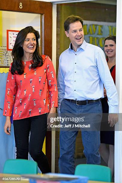 Deputy Prime Minister Nick Clegg, his wife Miriam Gonzalez Durantez and Jo Swinson MP visit Castlehill Primary School on October 6, 2014 in Glasgow,...